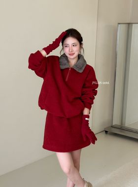 2025冬季新红色polo领加厚羊绒卫衣+高腰半身裙两件套女内搭套装