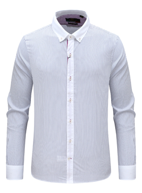 AB1483维男春秋长袖衬衫 棉休闲商务上衣 白色蓝条 时尚都市免烫