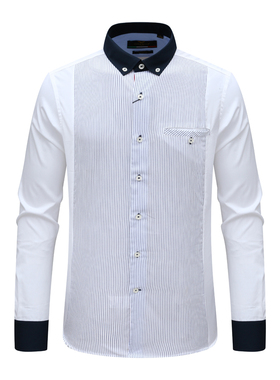 AB1488维男春秋长袖衬衫 棉休闲商务上衣 白色蓝条 时尚都市免烫