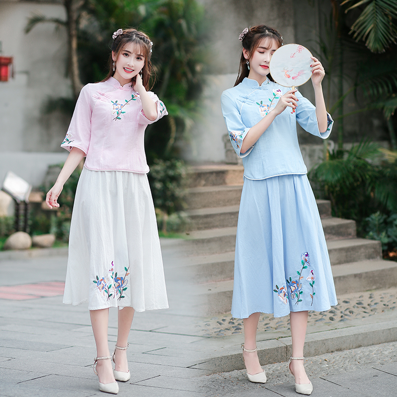 2019春夏新款民族风改良旗袍立领棉麻绣花小清新上衣+绣花半身裙|ruв категории Женская одежда, костюм/студенты школьную форму/обмундирования, модный костюм - от Buy2taobao.com для оказания профессиональной услуги покупки агента Taobao