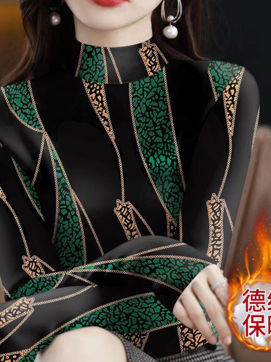 HALF-HIGH NECK VELVET BASE SHIRT WOMENS AUTUMN AND WINTER NEW FOREIGN PRINT LONG SLEEVE T-SHIRT LARGE SIZE THIN THERMAL TOP WOMEN