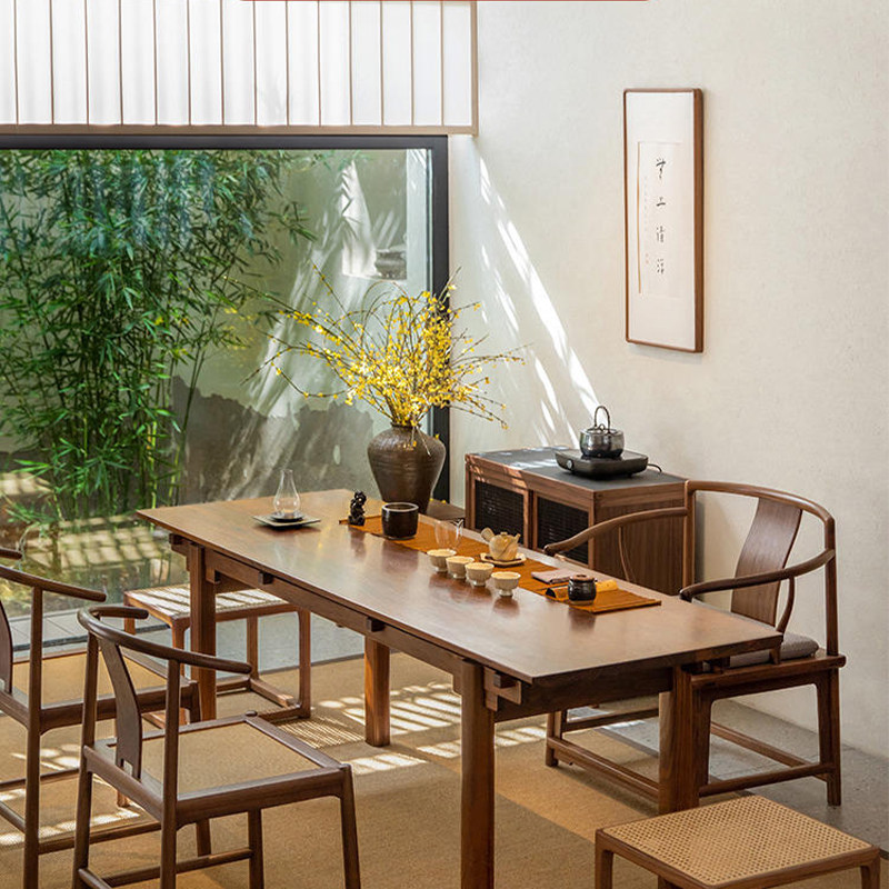 南家新中式实木茶桌椅组合北美黑胡桃木大板茶桌长方形茶室茶台