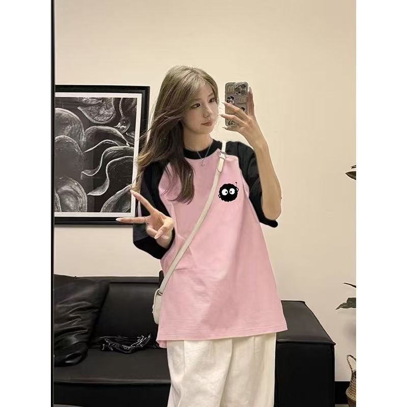 设计感小众插肩撞色短袖T恤女