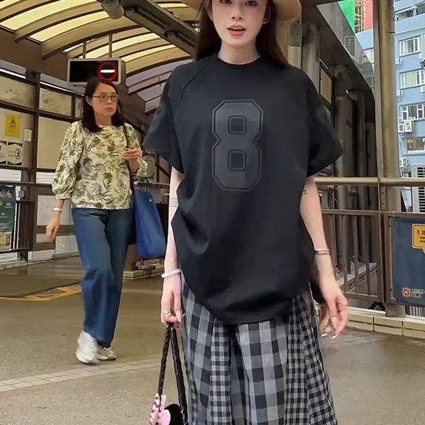 美式复古数字印花纯棉短袖T恤女