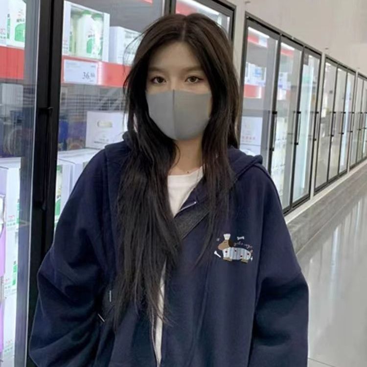 复古运动风连帽卫衣女藏蓝色拉链开衫oversize外套