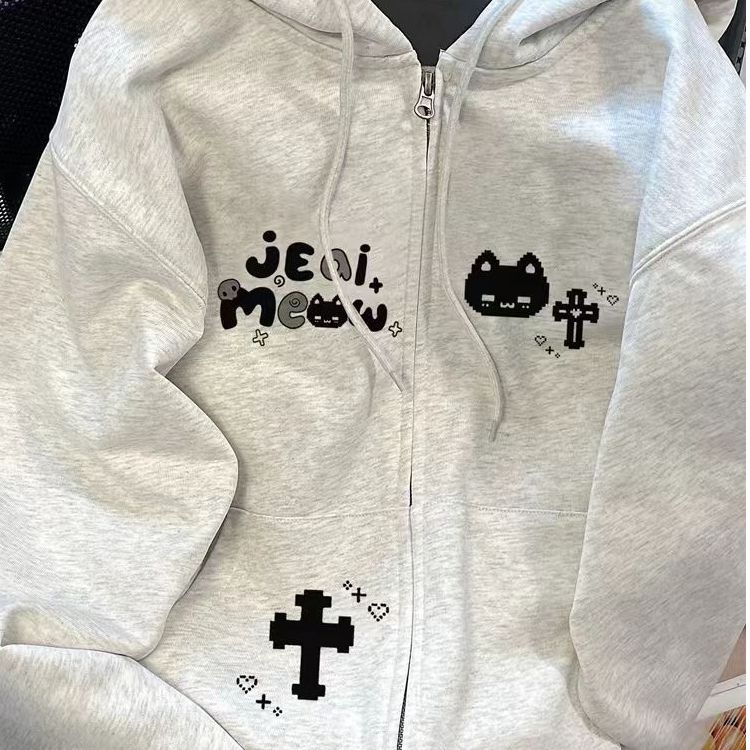 美式复古字母印花连帽卫衣女秋冬加绒宽松慵懒风oversize外套上衣