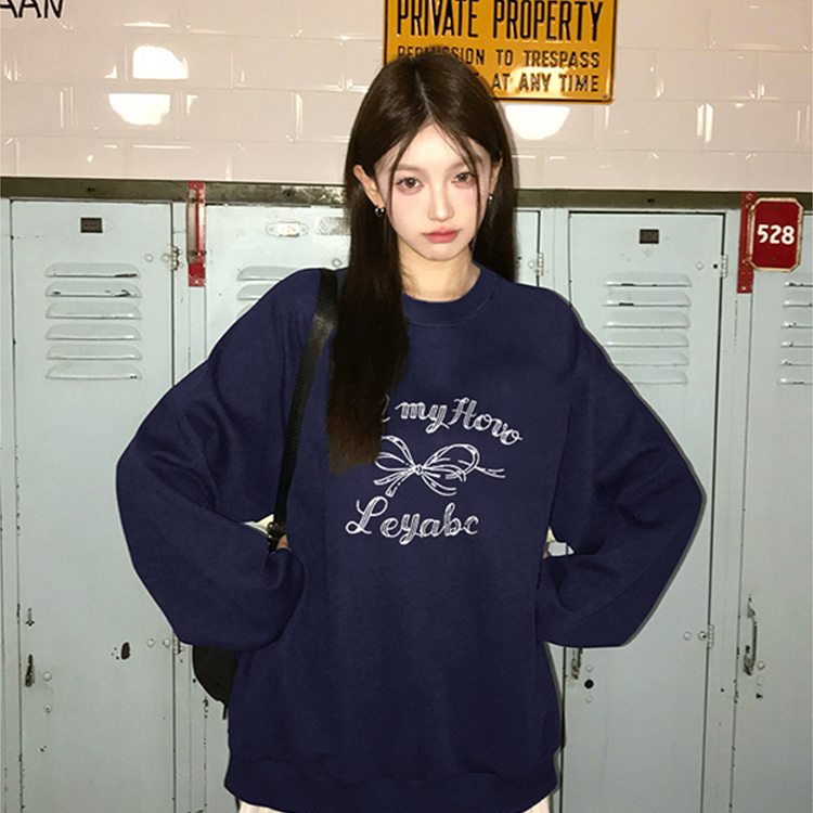 美式复古小众学院风藏青色卫衣