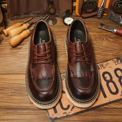 冬季工装鞋男韩版休闲大头皮鞋真皮流苏潮流英伦风复古低帮马丁靴
