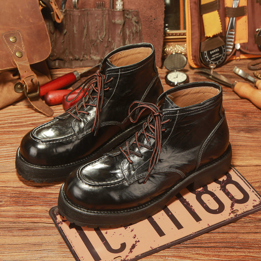 水洗马皮2025冬季新款马丁靴男高帮英伦风复古真皮皮鞋休闲工装靴