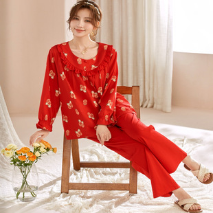 薇斯蒂娜2026年本命年红色印花睡衣女纯棉长袖娃娃领甜美家居服