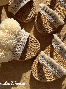 Thailand#泰国手工草编鞋网红毛球拖鞋白色IG风欧美度假唯美沙滩