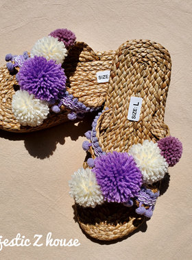 Thailand#Purple Pom Pom Sandal紫色网红撞色毛球拖鞋泰国手工鞋