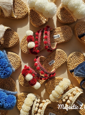 Thailand#网红毛球拖鞋流苏拖鞋泰国手工草编鞋ins风欧美度假sand