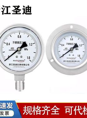 浙江圣迪YN100ZT耐震不锈钢压力表带边0-100MPa轴向0-40mpa