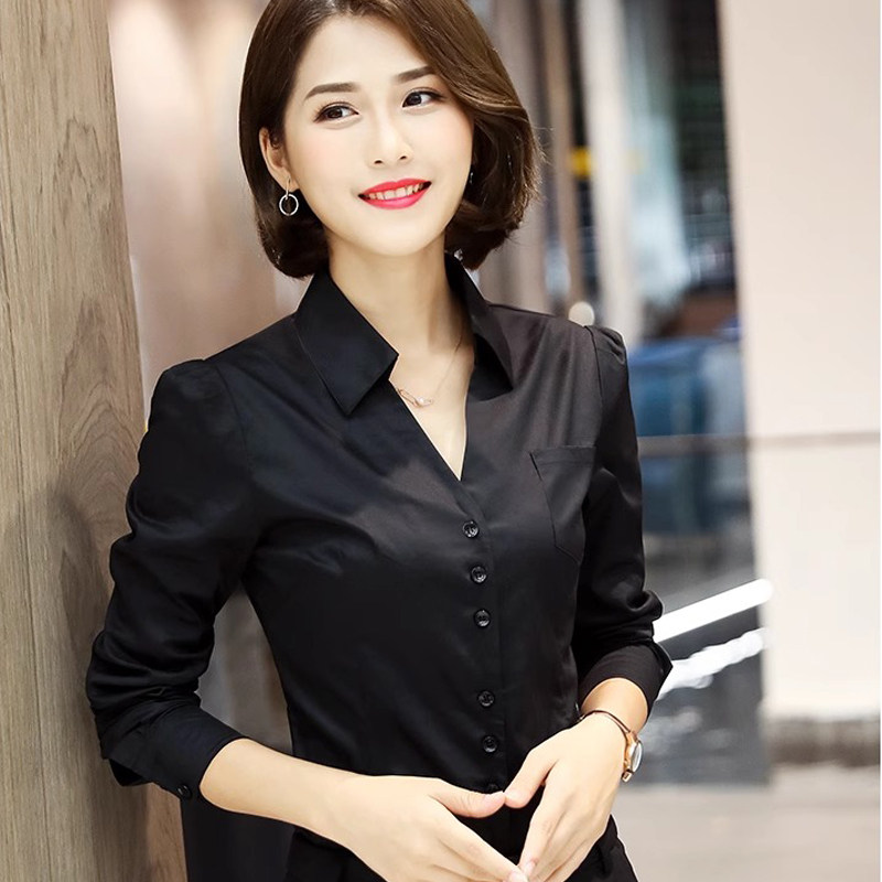 2026通勤V领长袖修身衬衫女黑色