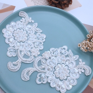 重工米白色车骨蕾丝对花花朵DIY婚纱礼服头饰花边手工钉珠花辅料