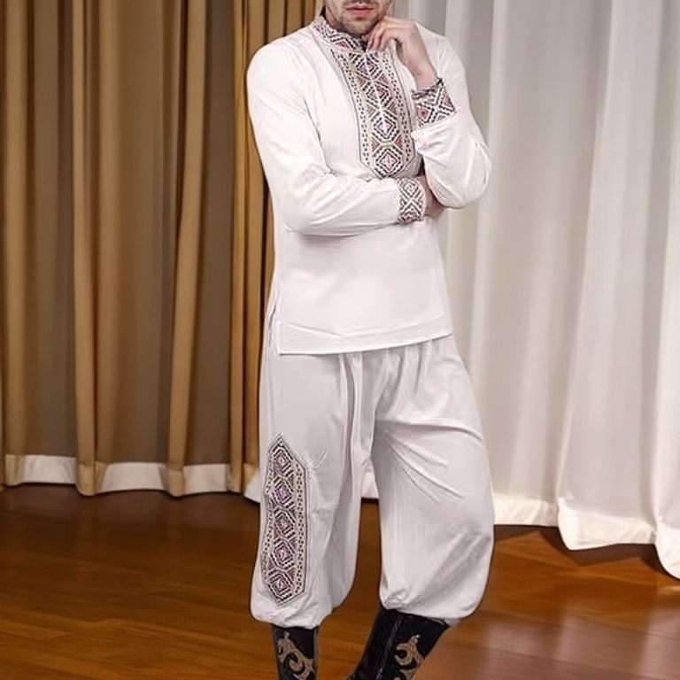 新款新疆舞蹈维吾尔族舞蹈服演出服装套男士广场跳舞男士纯绣花