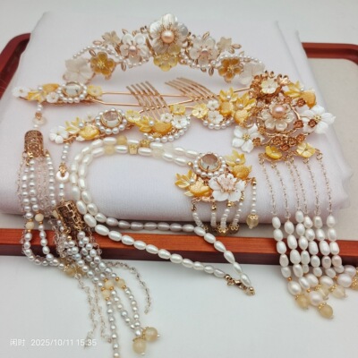 闲时原创汉服发饰套装蝶贝淡水珍珠小发冠流苏后压发夹掩鬓璎珞铜