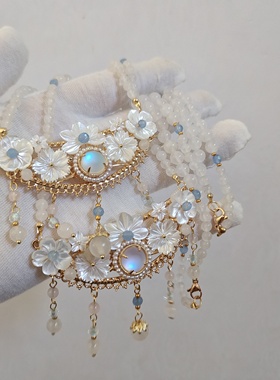 闲时原创汉服配饰古风蝶贝海蓝宝玉石流苏软璎珞项链百搭日常款铜