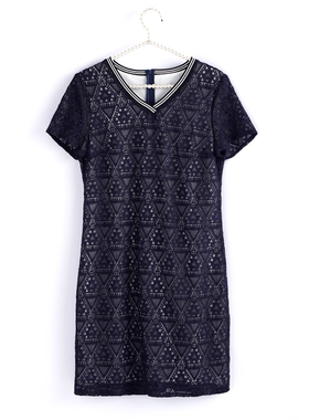 夏季 法国品牌 蕾D 蕾丝运动风短袖V领连衣裙休闲显瘦裙子 L10186