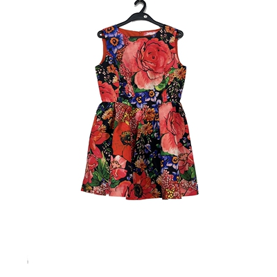 无袖收腰印花A字摆连衣裙女