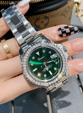 蒂米妮女款2022年新款绿色皮表带镶钻女士手表潮流时尚小绿表钢带