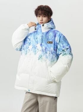羽绒服男冬装青春扎染水墨连帽加厚青少年东北棉袄保暖潮流冬外套
