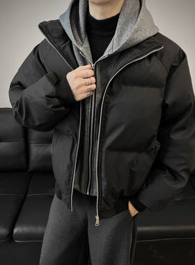 短款羽绒服男士冬装假两件美式连帽PU皮衣服潮牌加厚青少年外套冬