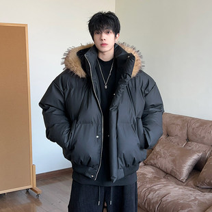 短款羽绒服男士冬装美式加厚青年连帽大毛领面包服皮衣服冬天外套