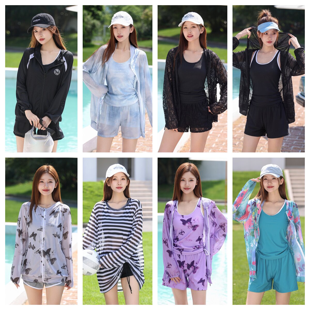 大码运动风长袖防晒衣三件套女夏季印花分体平角泳衣沙滩保守套装