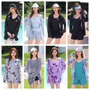 大码运动风长袖防晒衣三件套女夏季印花分体平角泳衣沙滩保守套装