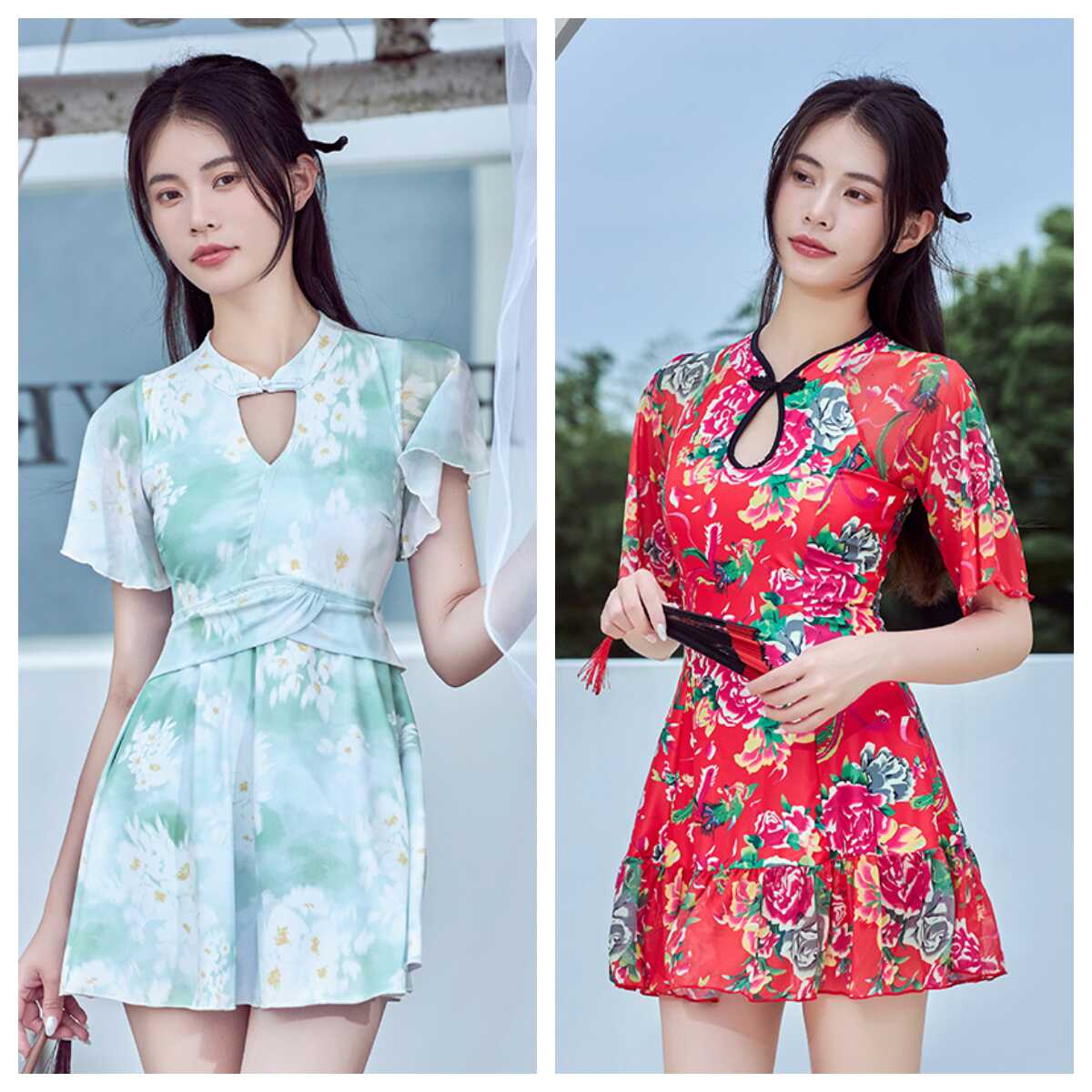 2024夏装新款洋气短袖泳衣女连体平角裙式遮肚显瘦旗袍款东北大花