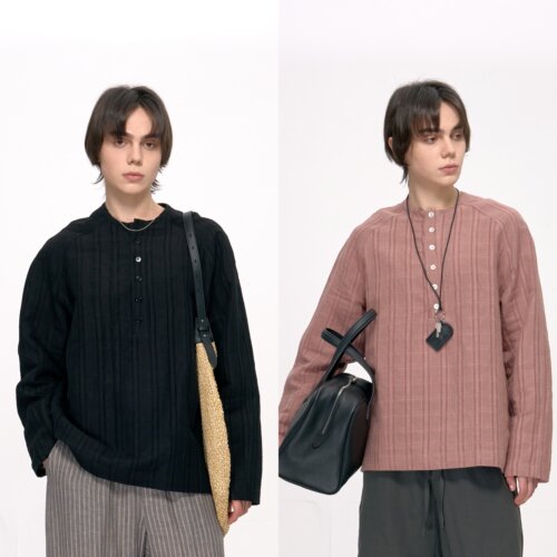 HOPECONCEPT度假系列|慵懒时髦感亨利领提花亚麻长袖T恤#25172