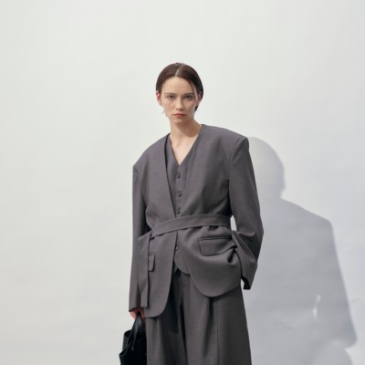 HOPECONCEPT秋日的权势精英感无领腰带羊毛西装马甲三件套#25064