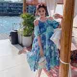 现货！26夏装新款度假风露肩扎染印花连衣裙278-3798-P130-K198，女装连衣裙，三七家