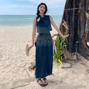 现货！25夏新款小个子时尚牛仔2件套渐变色套装278-3708-P140K218，女装套装/套裙，三七家