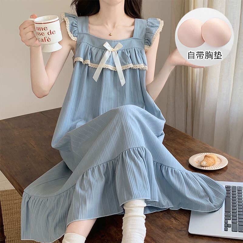 小飞袖睡裙带胸垫女士夏季花边无袖裙中长款宽松背心裙家居服裙