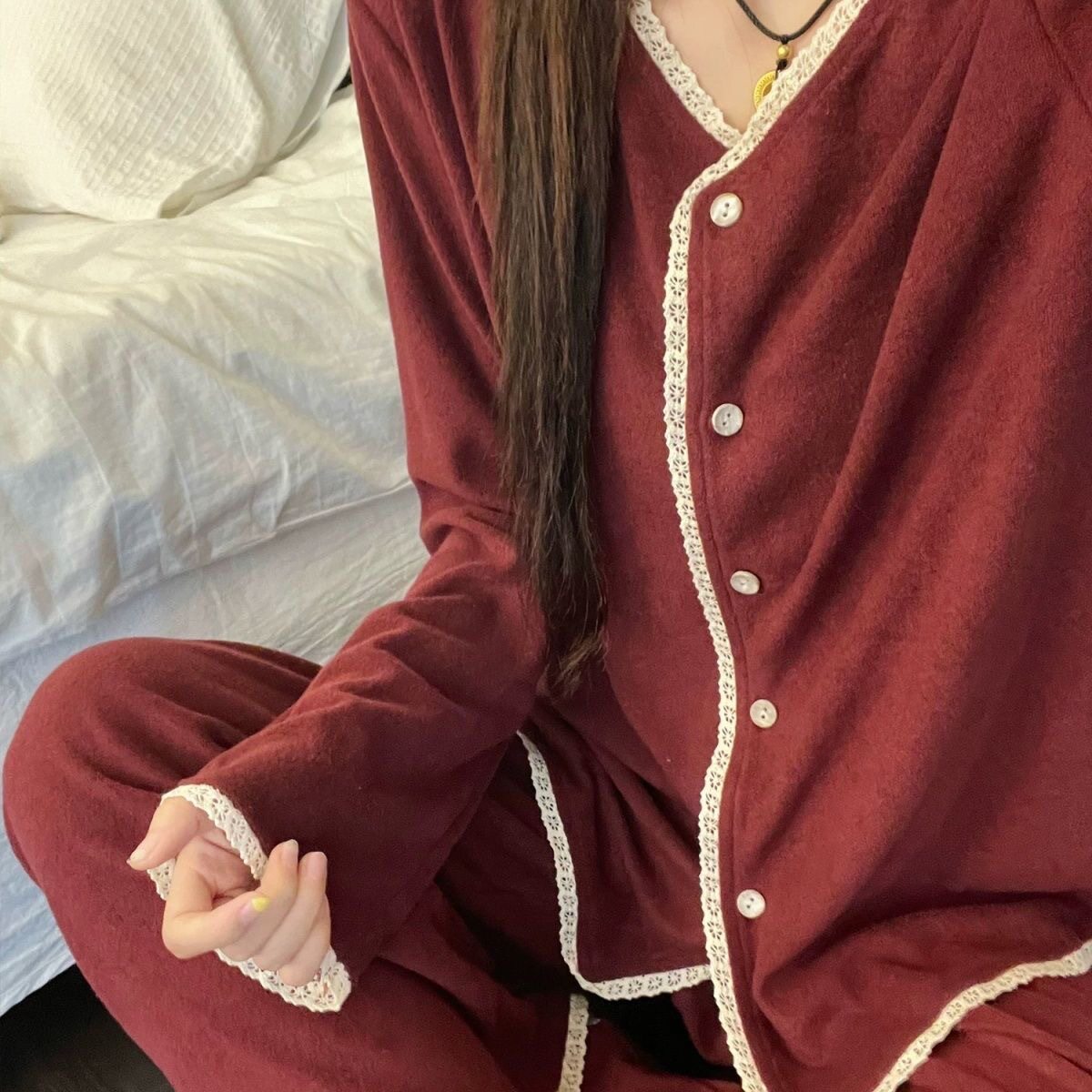 新款喜庆秋冬睡衣女绒保暖开衫新年红长袖长裤甜美家居服两件套
