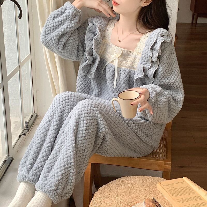 睡衣女秋冬款玫瑰绒加厚加绒长袖甜美风蕾丝花边慵懒风家居服