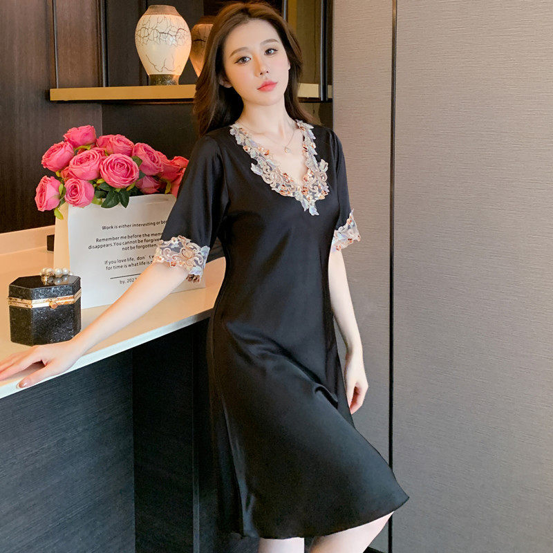 五彩花边丝绸睡裙家居服女冰丝睡裙夏季网红连衣裙高贵性感家居服