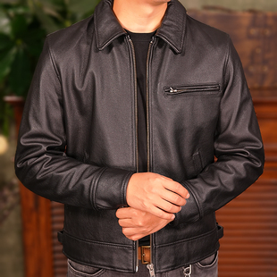 简约休闲真皮皮衣男短款 百搭外套 翻领头层牛皮机车皮夹克男爸爸装