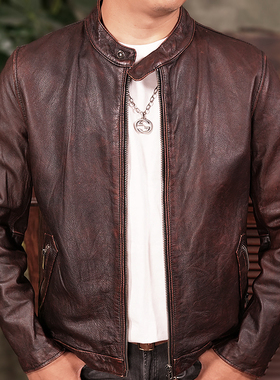 特价捡漏复古真皮皮衣男立领修身头层牛皮做旧机车皮夹克帅气外套