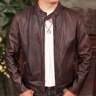 特价 头层牛皮做旧机车皮夹克帅气外套 捡漏复古真皮皮衣男立领修身