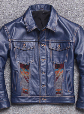 蓝色透染牛仔款头层牛皮皮衣男真皮翻领时尚帅气潮皮夹克拼花外套