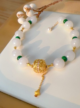 18k金1cm金珠8mm白玉手链危料干青翡翠手链女款手串白玉手串国风