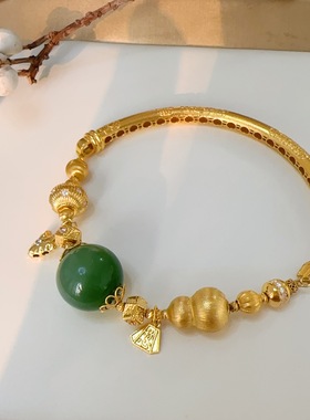 12mm天然和田玉碧玺手链 18k金半镯葫芦南瓜骨头手链设计款送女友