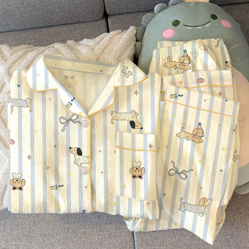 ins风网红爆款条纹睡衣女韩版可爱卡通腊肠狗春秋长袖家居服套装