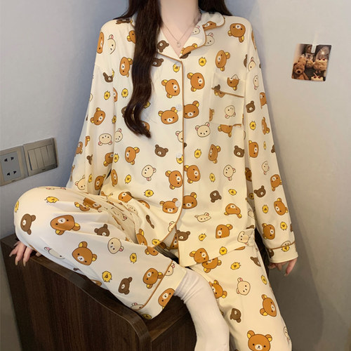 卡通可爱熊睡衣女春秋网红ins长袖长裤日系休闲家居服套装可外穿
