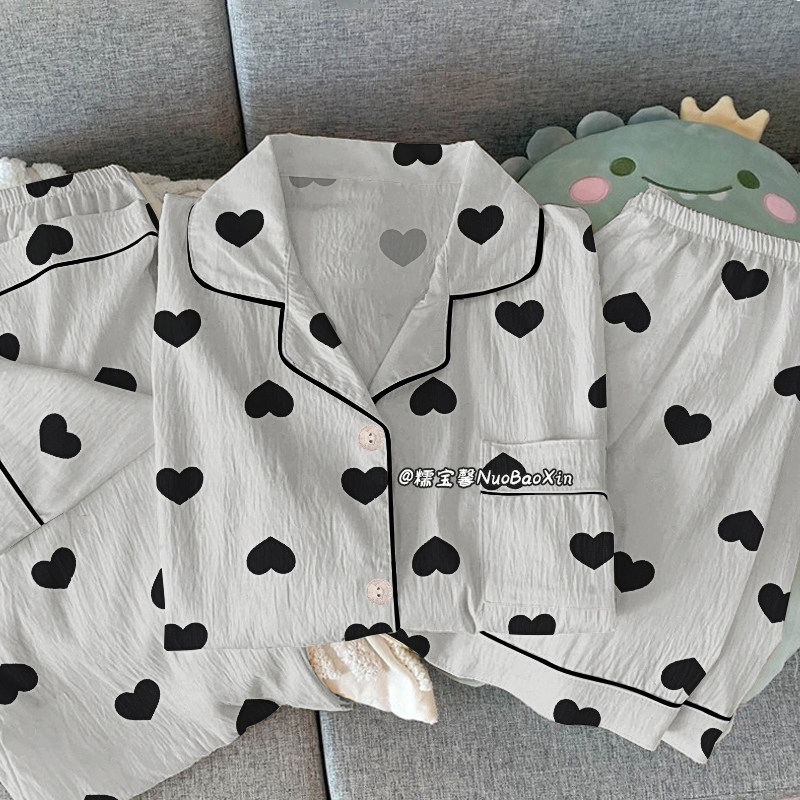 睡衣女休闲简约夏季薄款短袖短裤长裤爱心印花韩版家居服三件套装