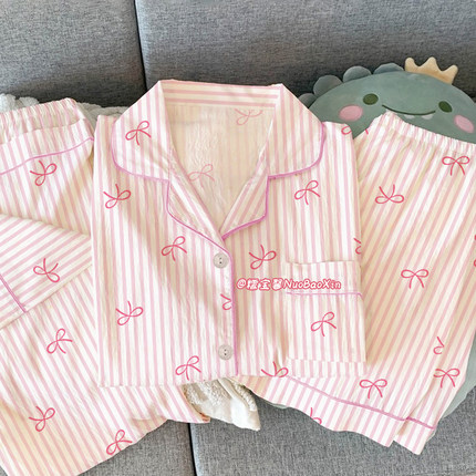 少女感薄款条纹睡衣女夏季ins风甜美短袖三件套装休闲简约家居服